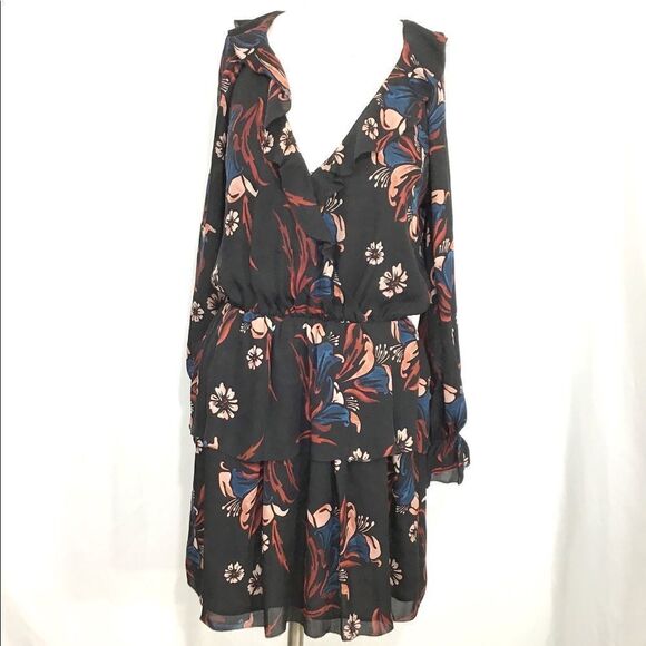 Joie Nour Black Flora Silk Ruffle Neck Long Sleeve Mini Dress New With Tag Sz S - Picture 2 of 7